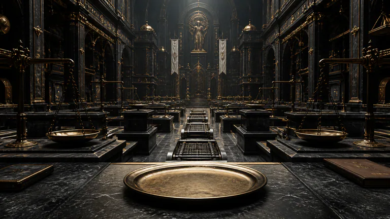 An empty brass plate sits before silent scales, blank ledgers, and a stalled cathedral-market.