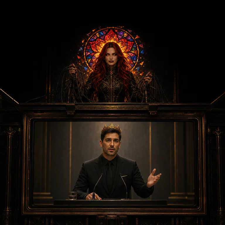 An anonymous crowned speaker appears on a blank screen while Void controls its black-gold frame.