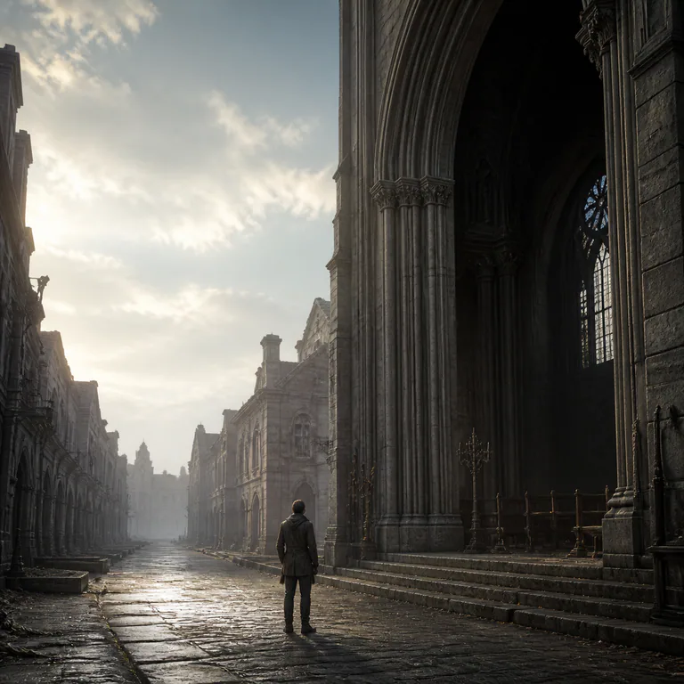 One anonymous adult stands in an empty chapel-street beneath open morning sky.