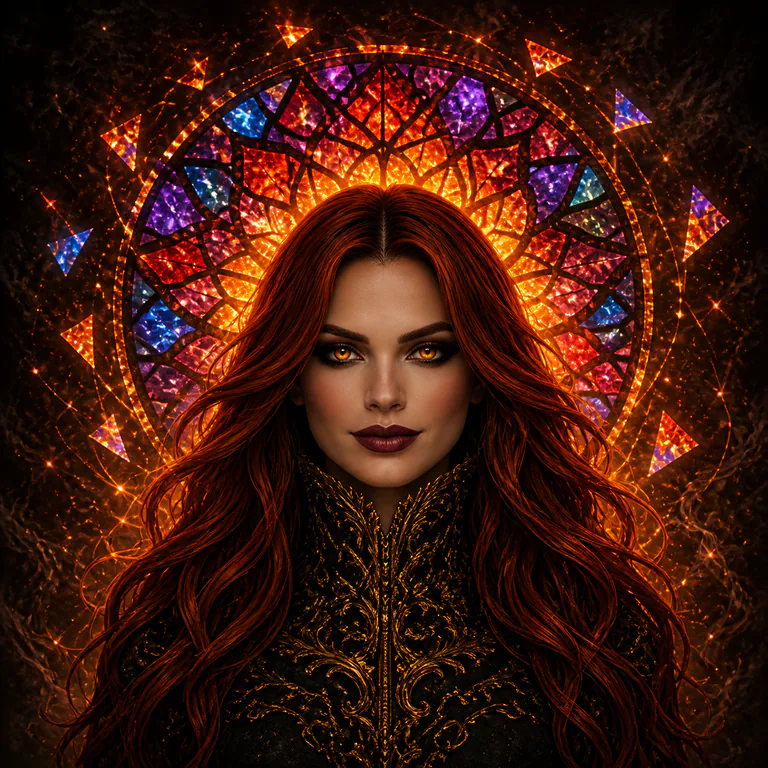 Void's face rests before a complete multicolor stained-glass halo, held above a high black-gold mantle.