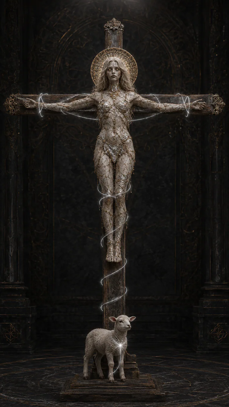 Dead stands peacefully upright on a complete cross above an ordinary lamb whose silver thread secures her and the cross.