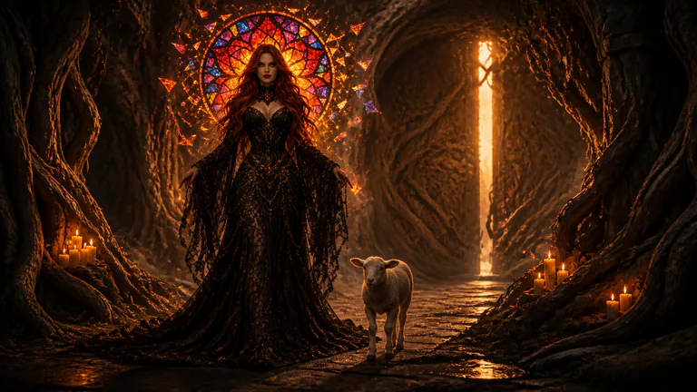 Void leads an ordinary lamb beneath Eden while a root-woven door closes on the last daylight.