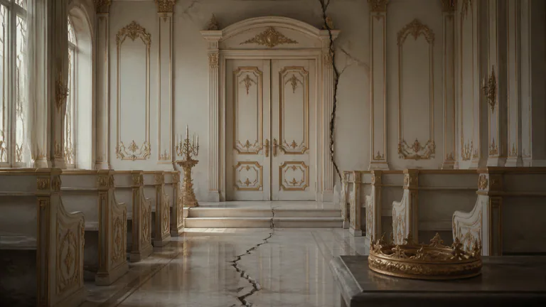 A crack crosses an immaculate white-and-gold chapel toward sealed doors and an empty crown.