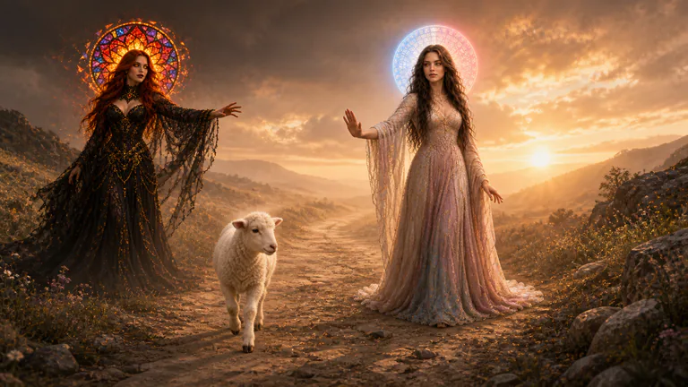 An ordinary lamb walks an open dawn road as Love calmly bars Void's reaching hand.