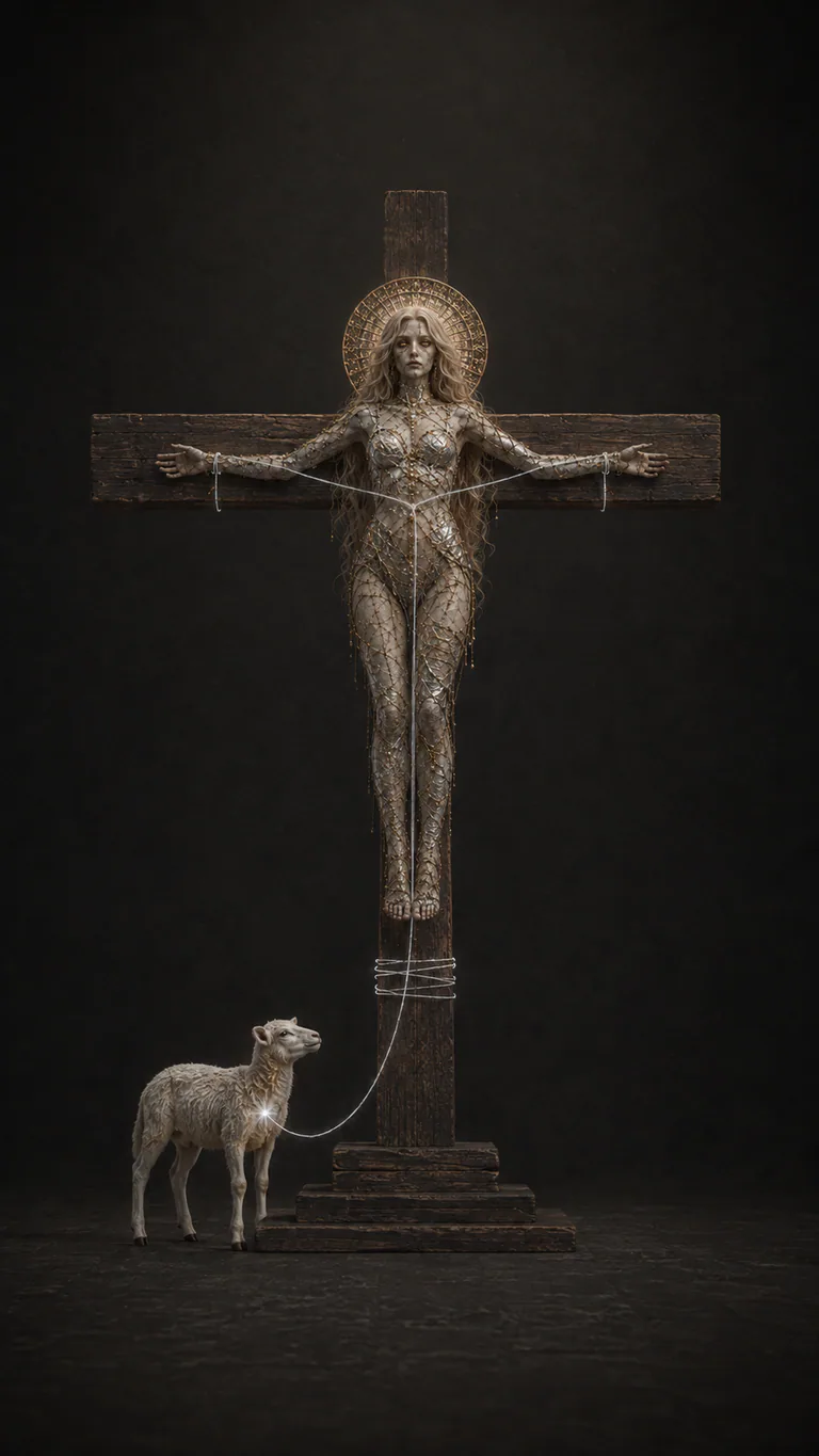 Dead stands awake and cross-bound above the ordinary lamb, whose silver thread reaches the center of her preserved body.