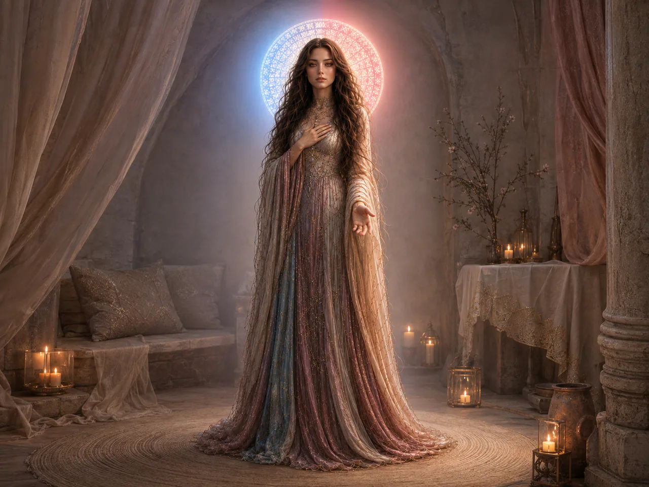 Love Maiden, warm and living, extends an inviting hand beneath a halo that is mourning blue on the left and beauty rose on the right.