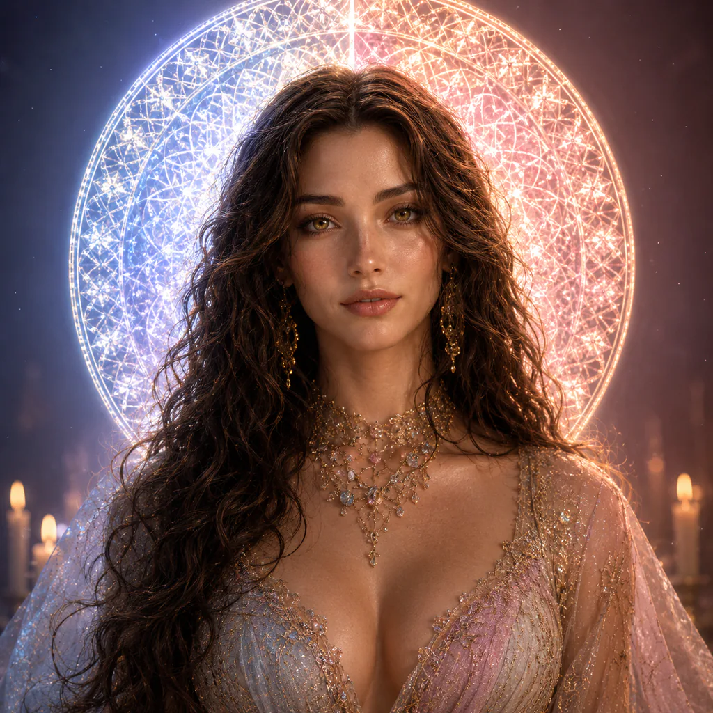 Close portrait of Love Maiden with brunette hair and her split mourning-blue and beauty-rose halo.