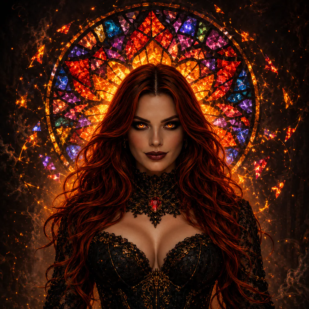 Close portrait of Void Maiden with copper-red hair, ember-orange eyes, and a multicolored stained-glass fire-disc halo.