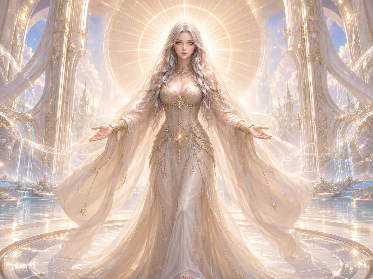 Star Maiden inside an ivory sanctuary of white, silver, living gold, and dawn-blue light.